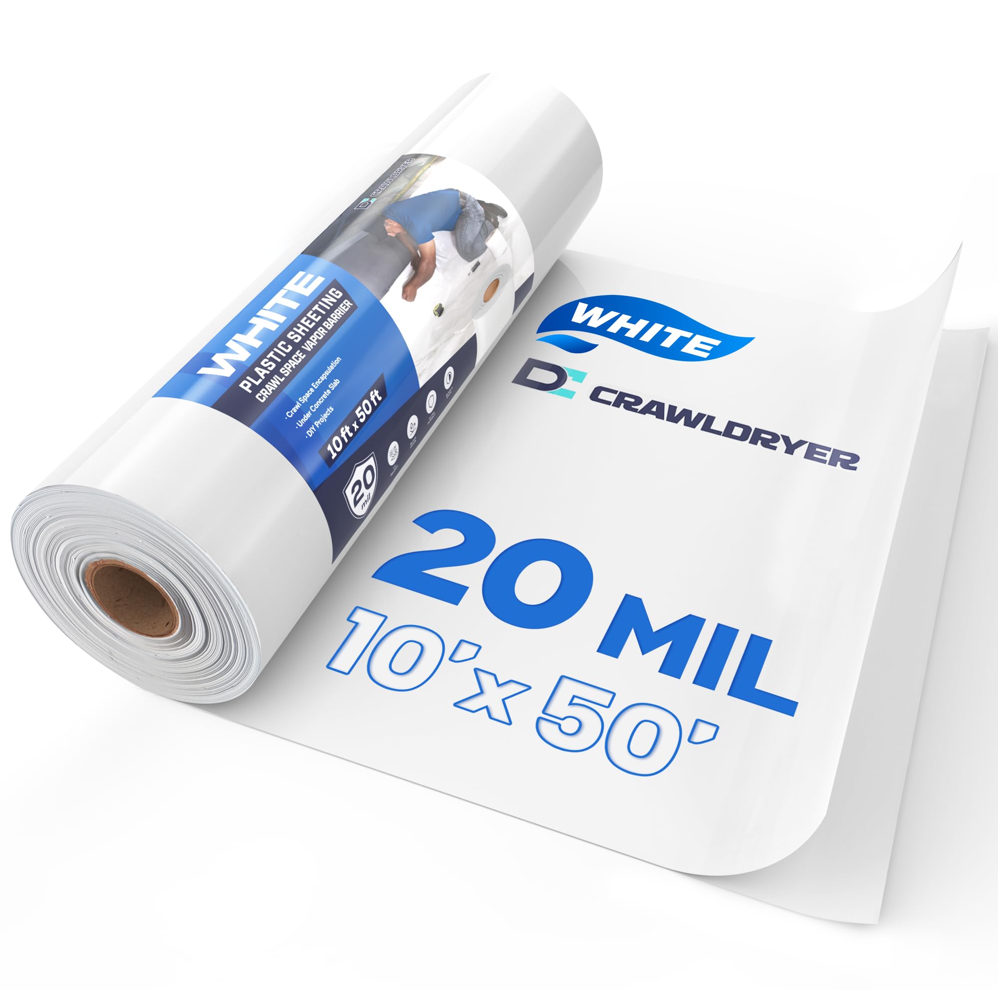 Crawldryer White Plastic Sheeting, 20 Mil 10' x 50', Crawl Space